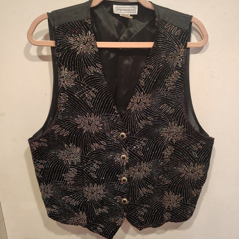 Impressions Of California Women's Black Velour Sparkly Printed Vest Sz L Event